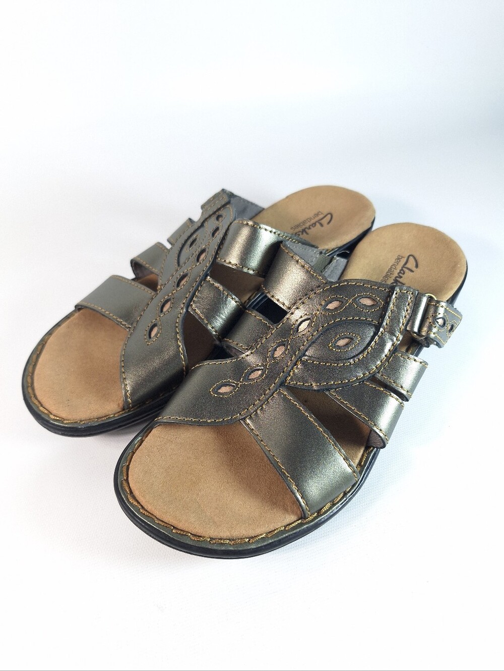 Clarks Bendables Leisa Metallic Bronze Leather Slide Sandals Women’s Size 8M